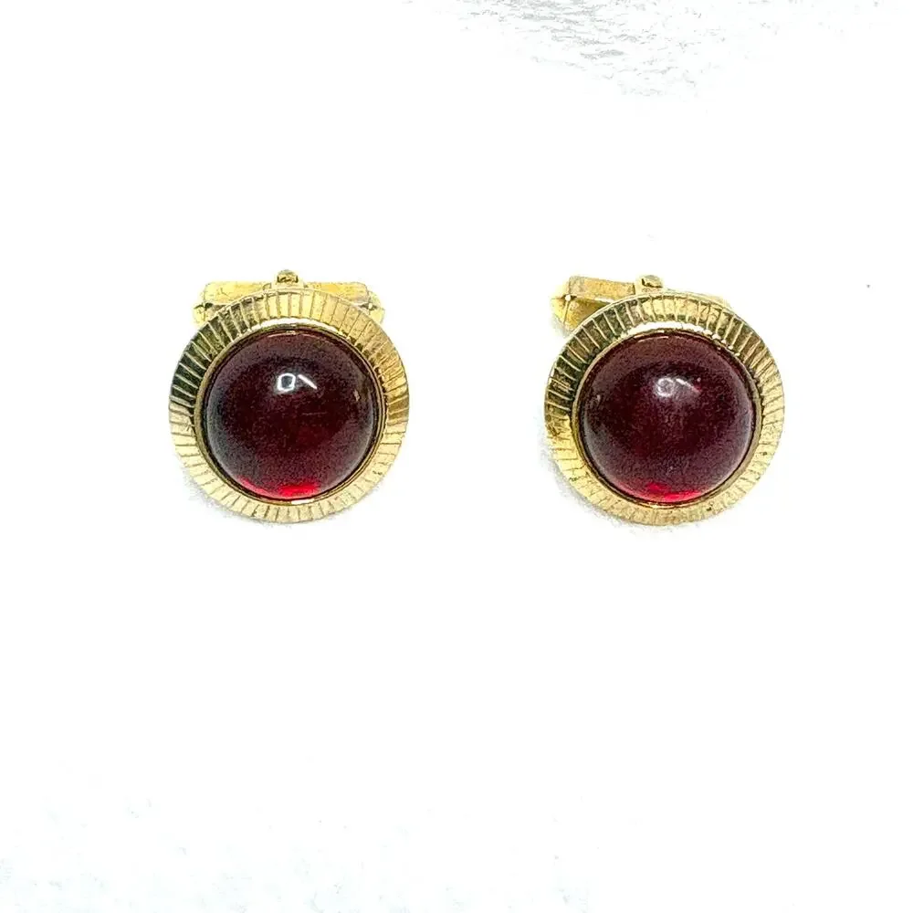 Vintage Anson Red Glass Cabochon Cufflinks, Gold‑Tone, Mid‑Century PAT PEND
